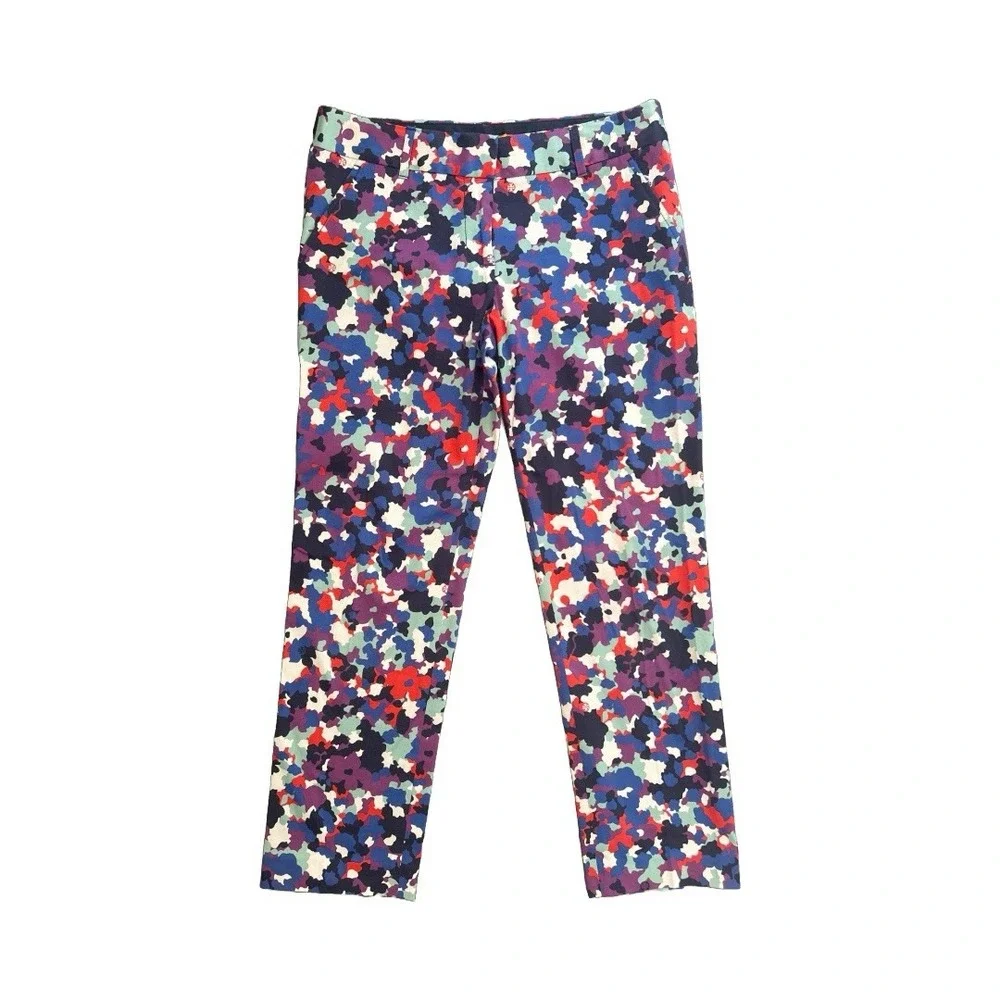 Tory Burch Women's Cropped Skinny‎ Floral Pants Size 4 Logo Print Stretch Cotton